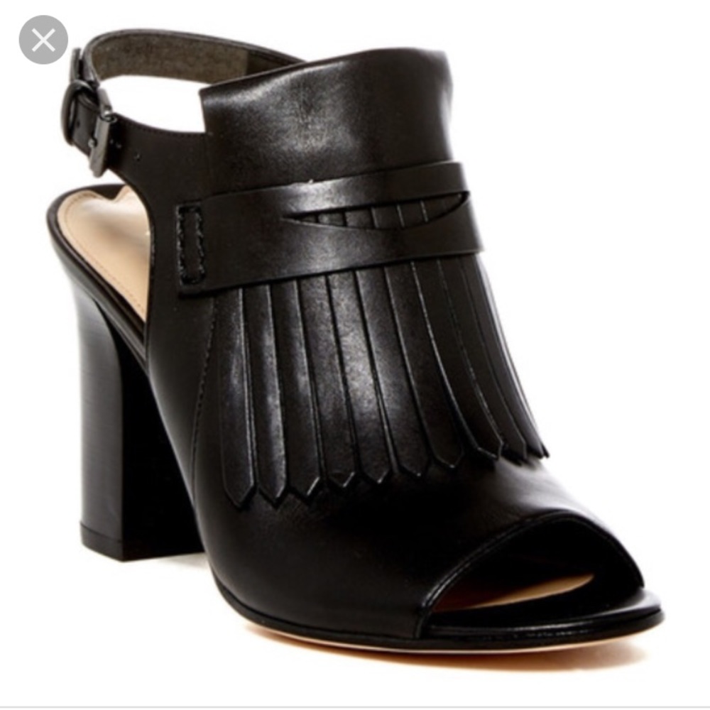 Via Spiga Black Leather Open Toe Fringe Booties